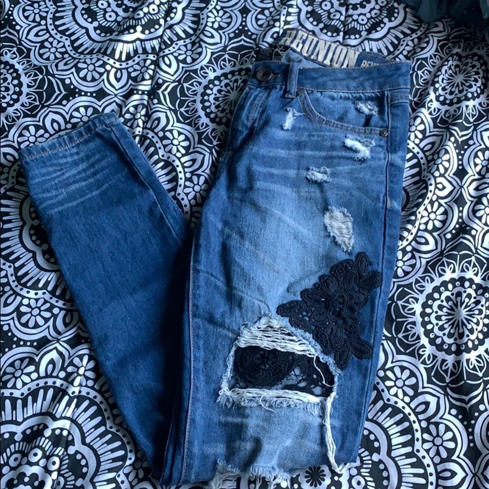 Distressed lace jeans